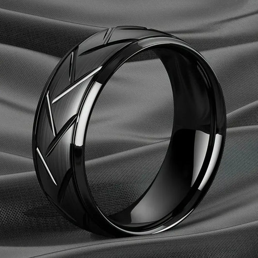 1pc Fashion Black Stainless Steel Ring Groove Multi-Faceted Ring For Men Women