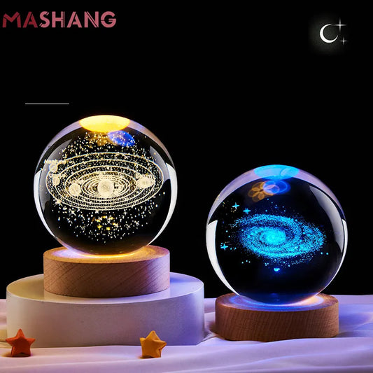 Crystal Ball Lamp 7Colors 3D Solar System Led Bedside Night Light with Wooden Base Desktop Bedroom Decor